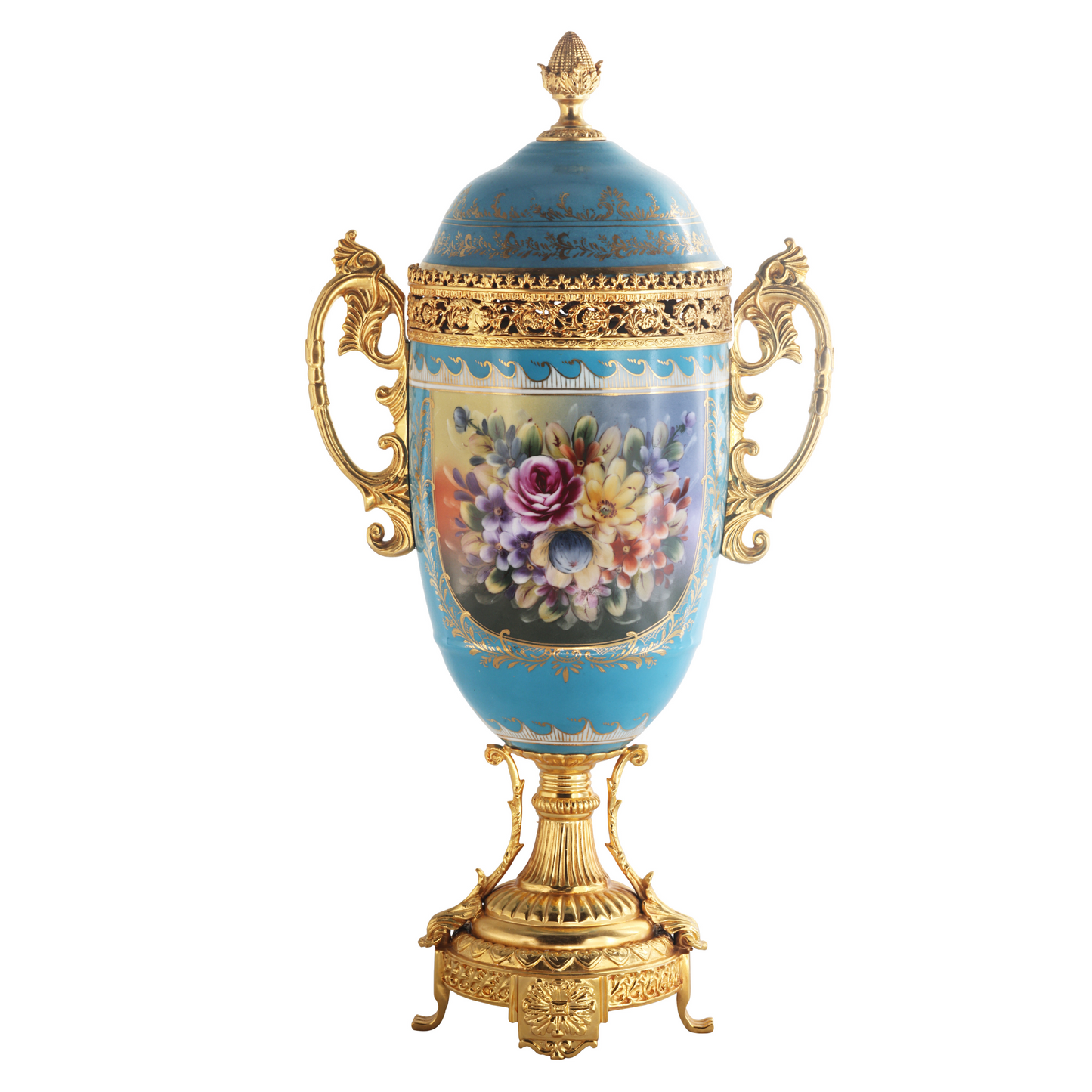 Bronze Handle Floral Porcelain Vase