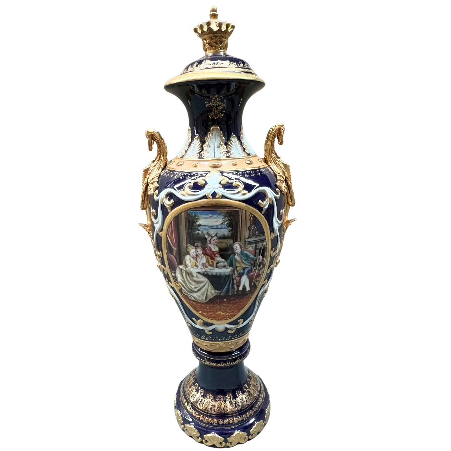 Hand-painted French Style Porcelain & Bronze Handle Vase