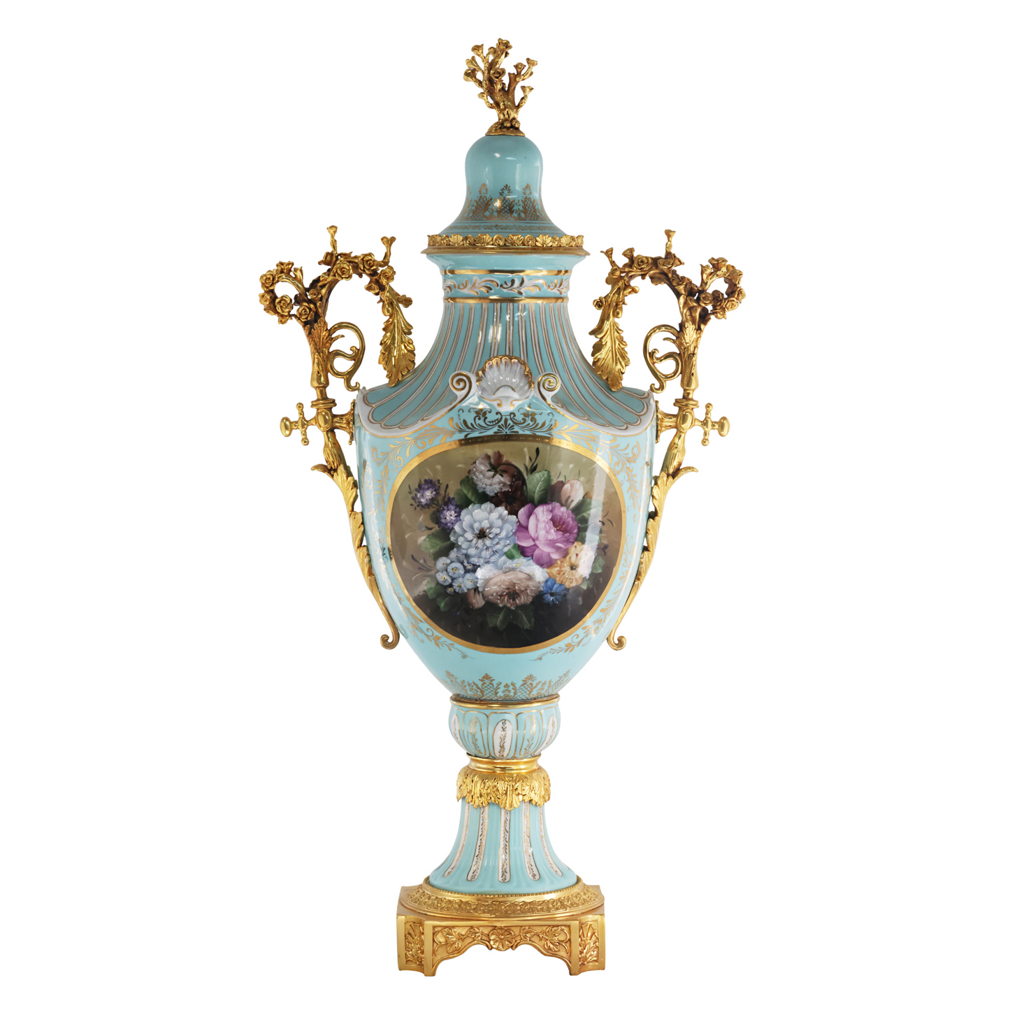 Hand-painted Porcelain Urn with Bronze Flowers