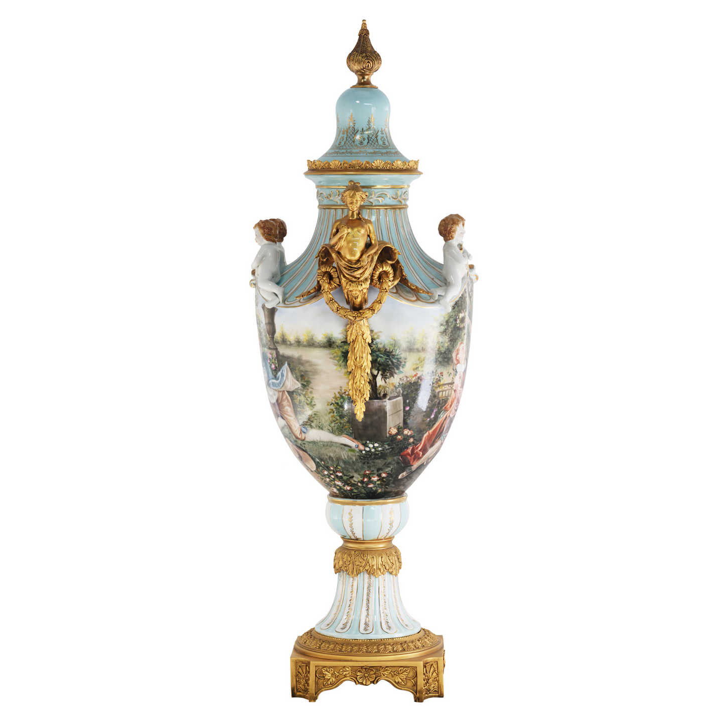 Porcelain And Bronze Lady Handle Hand-painted Louis XV Style Vase