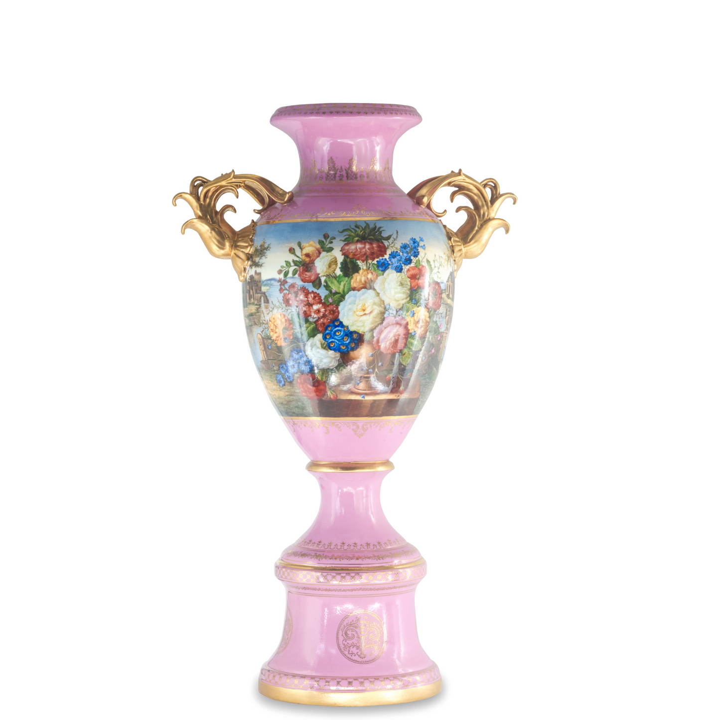 Hand-Painted Pink Baroque Style Floral Motif Vase