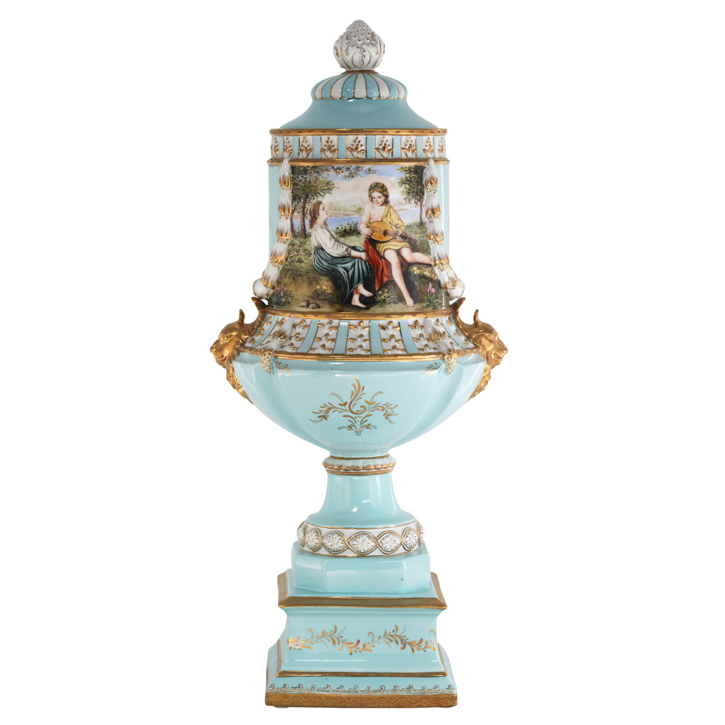 Teal Hand-painted French Style Urn with Rococo Motifs