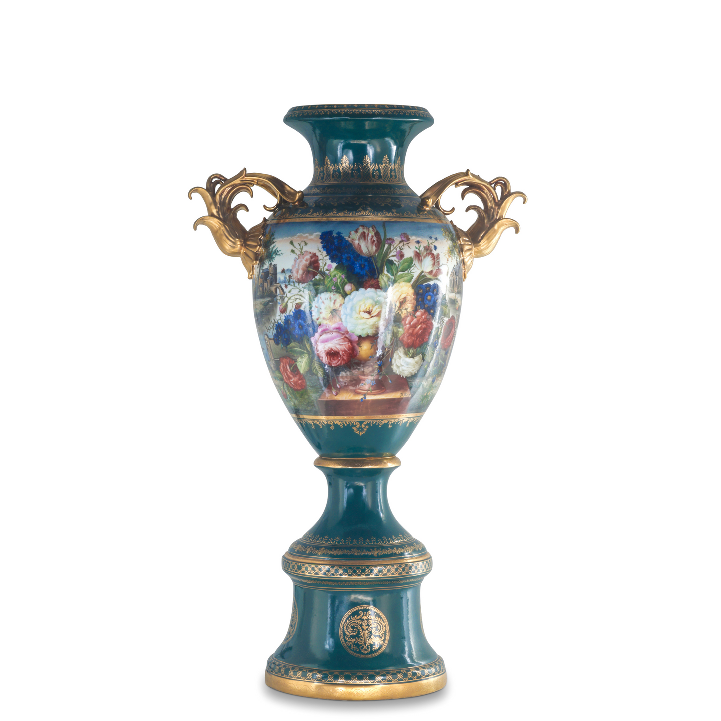 Green Baroque Style Hand-Painted Floral Motif Vase
