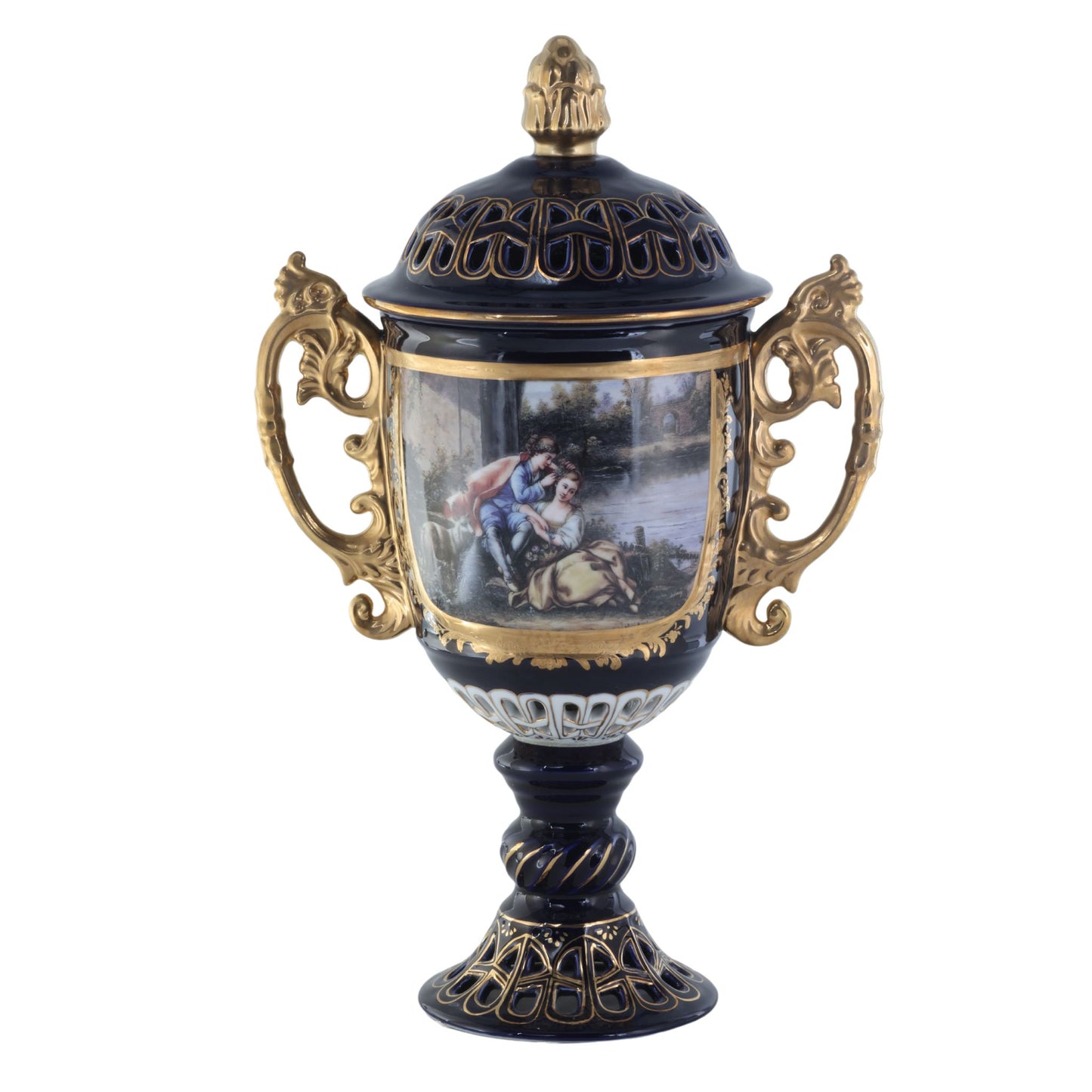 Dark Blue Hand-painted Potpourri Vase with Rococo Motif
