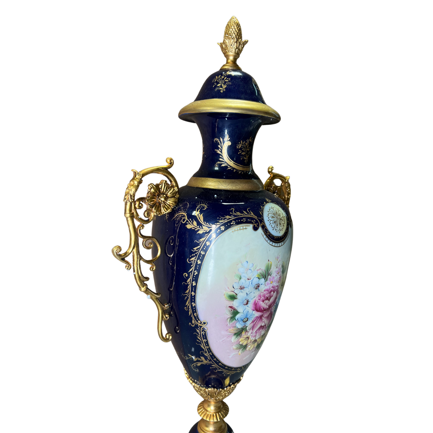 Striking Hand-Painted Victorian Style Porcelain And Bronze Cherub Handle Vase