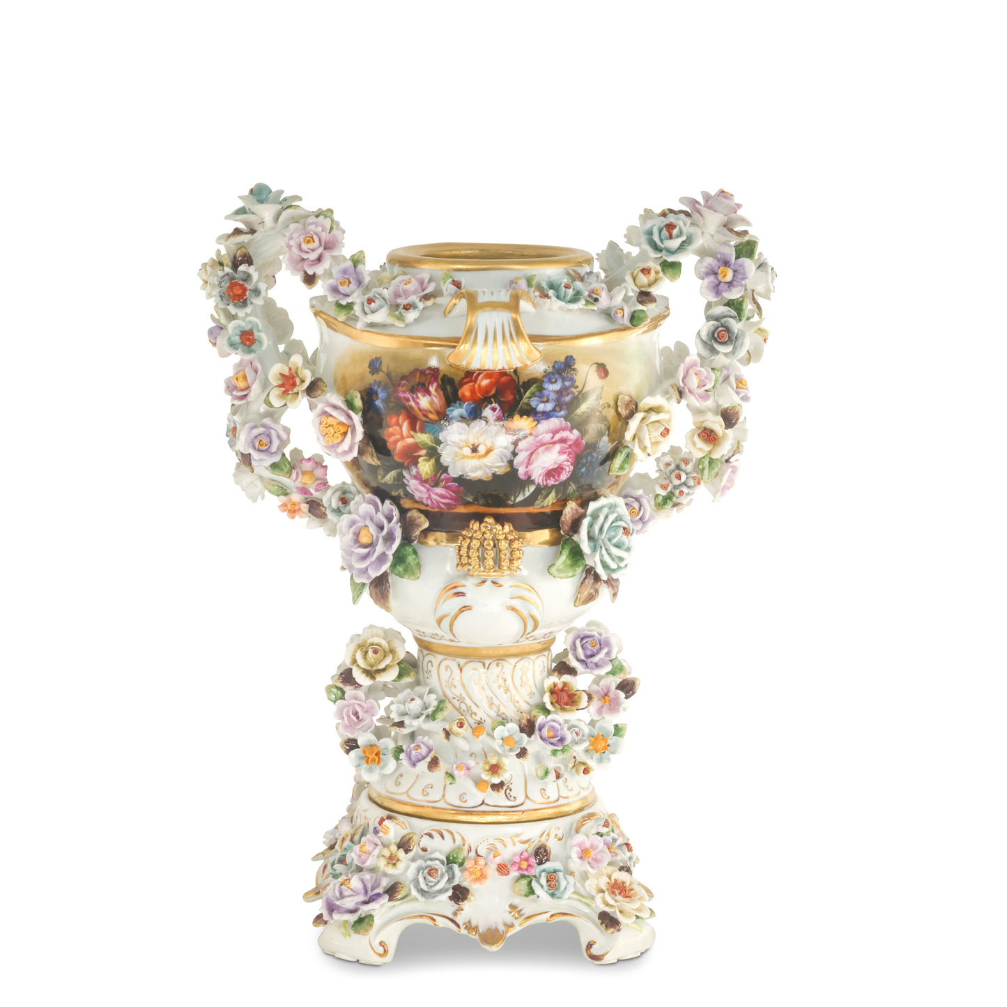 Louis XV Style Porcelain Flower Three Dimensional Cherub Urn