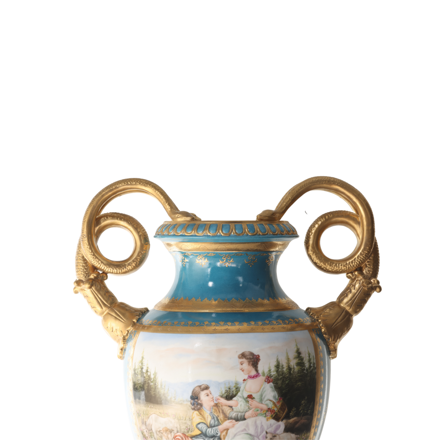 Rococo Style Vase with Hand-painted Motif & Snake Handles