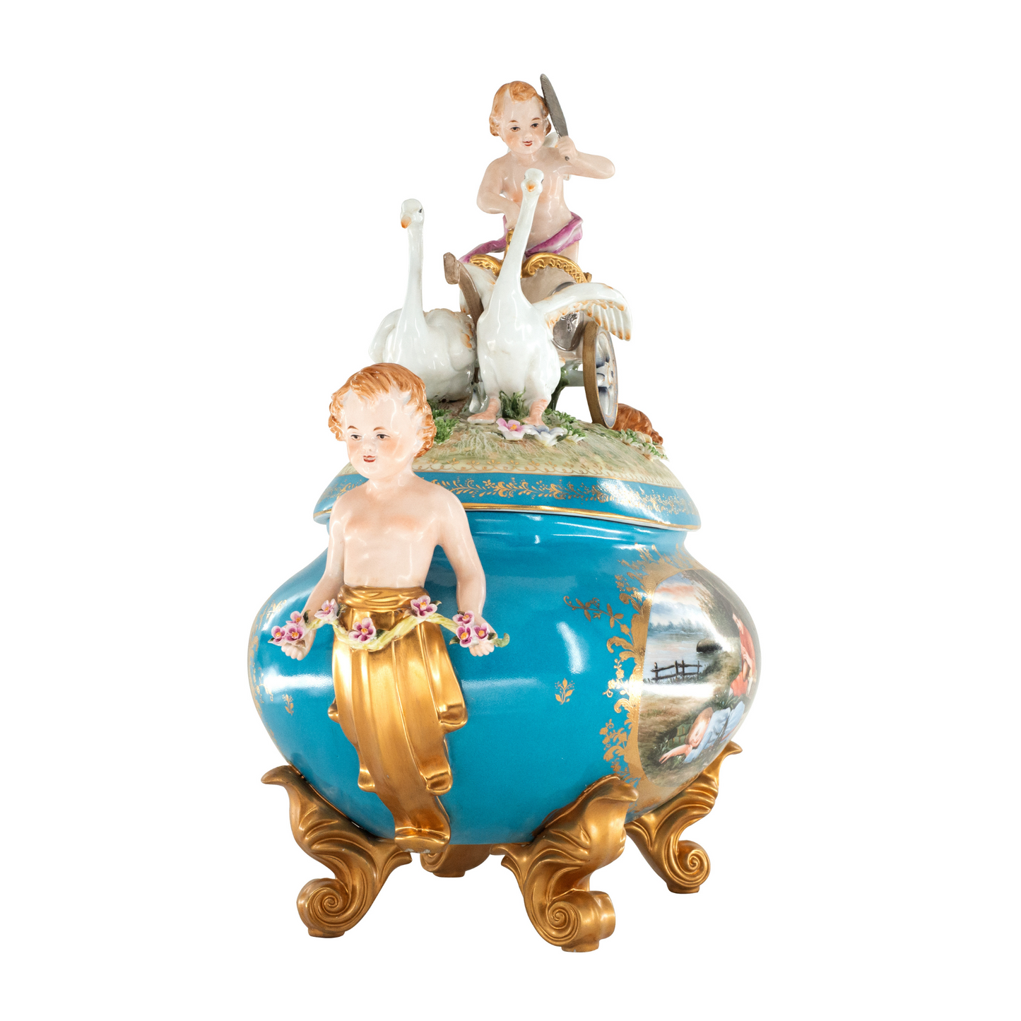 Exceptional Hand-Painted Baroque Style Covered Porcelain Cherub Jar