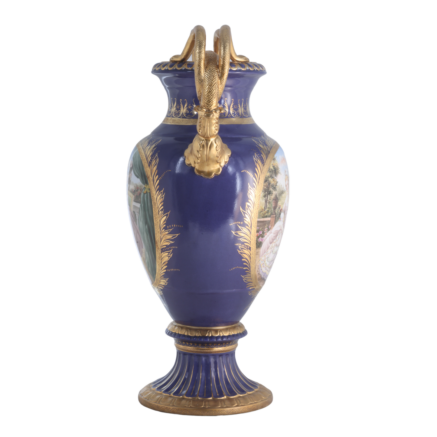 Rococo Style Vase with Hand-painted Motif & Snake Handles