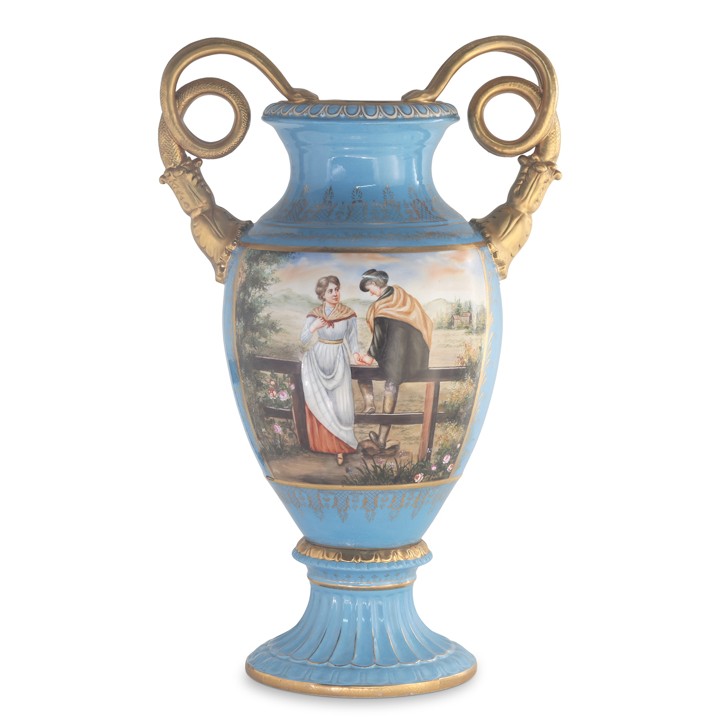 Rococo Style Vase with Hand-painted Motif & Snake Handles