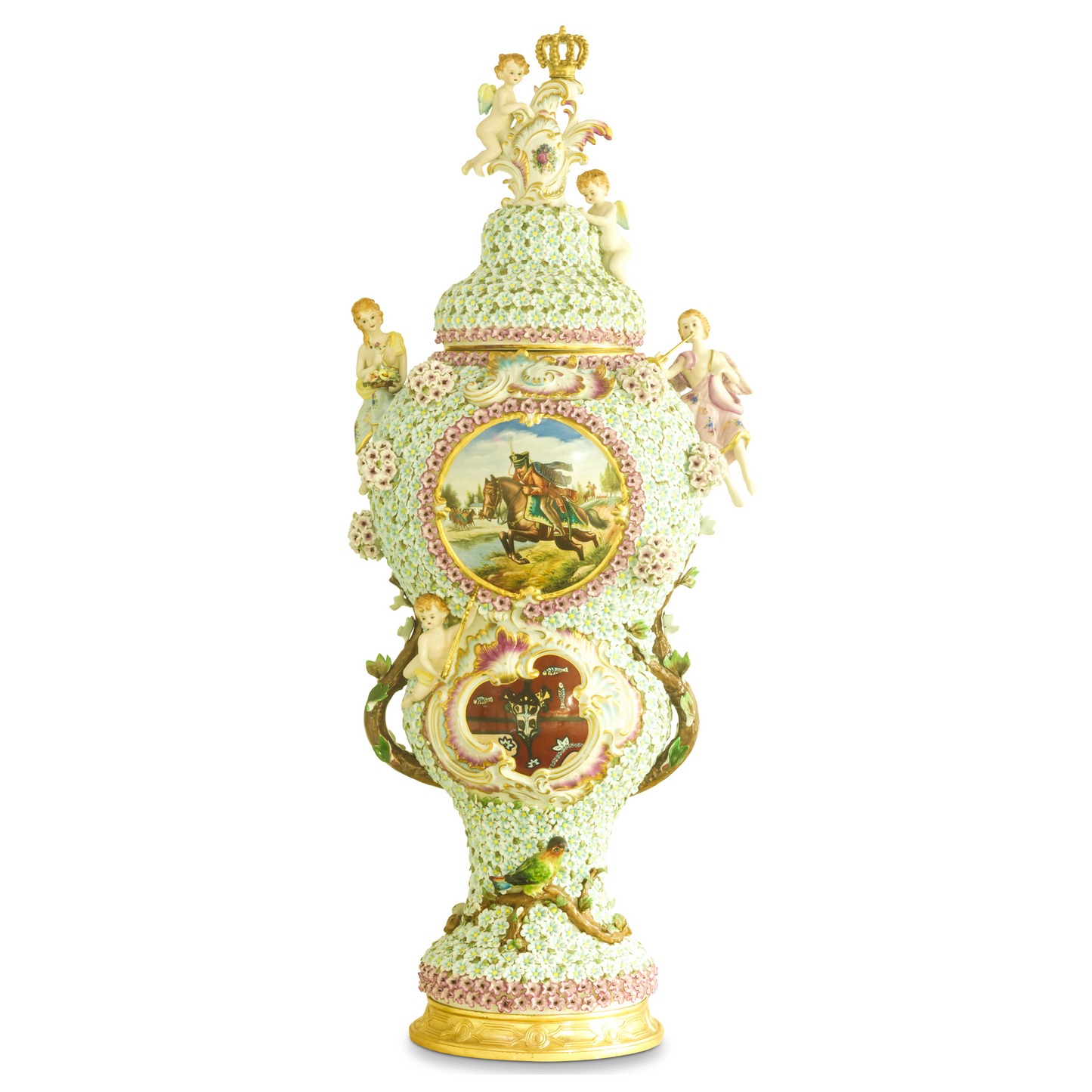 Hand-Painted Porcelain Baroque Flower Three Dimensional Cherub French Style Urn