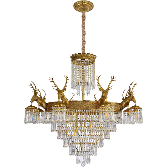Brass and Crystal Stag Chandelier