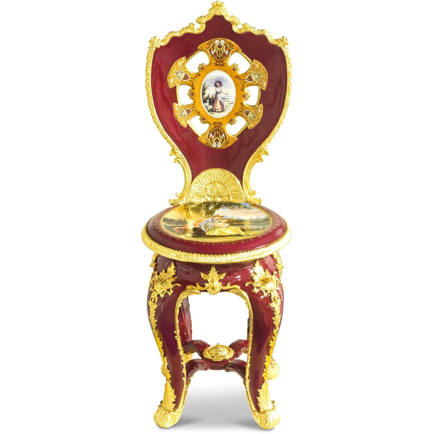 Stunning Hand-painted Red Louis XV Style Porcelain And Bronze Chair