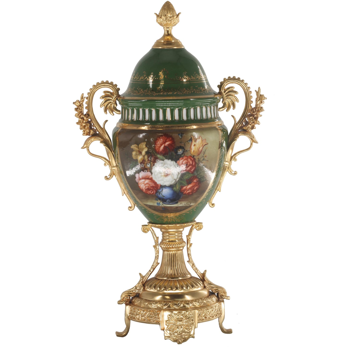 Vine Handle Floral Porcelain And Bronze Vase