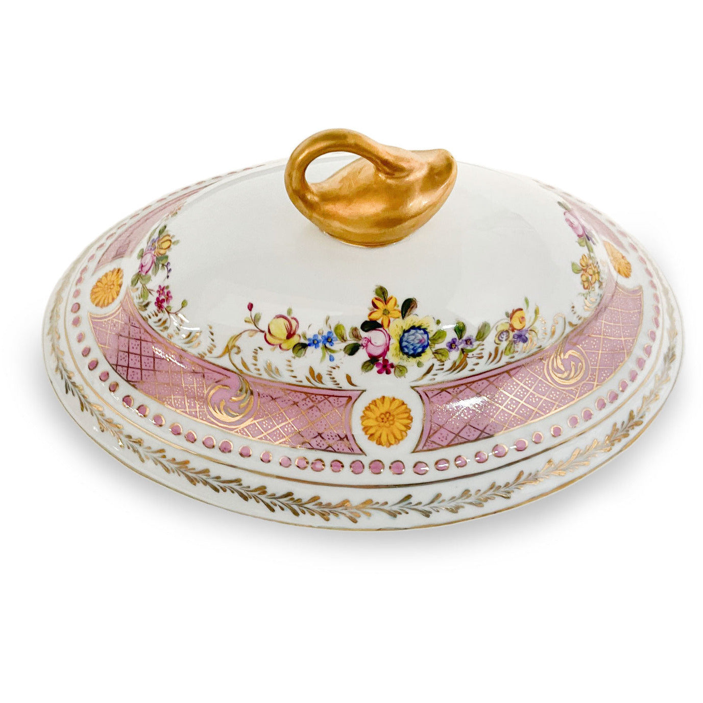 Pink Floral Tureen Set With Swan Handles