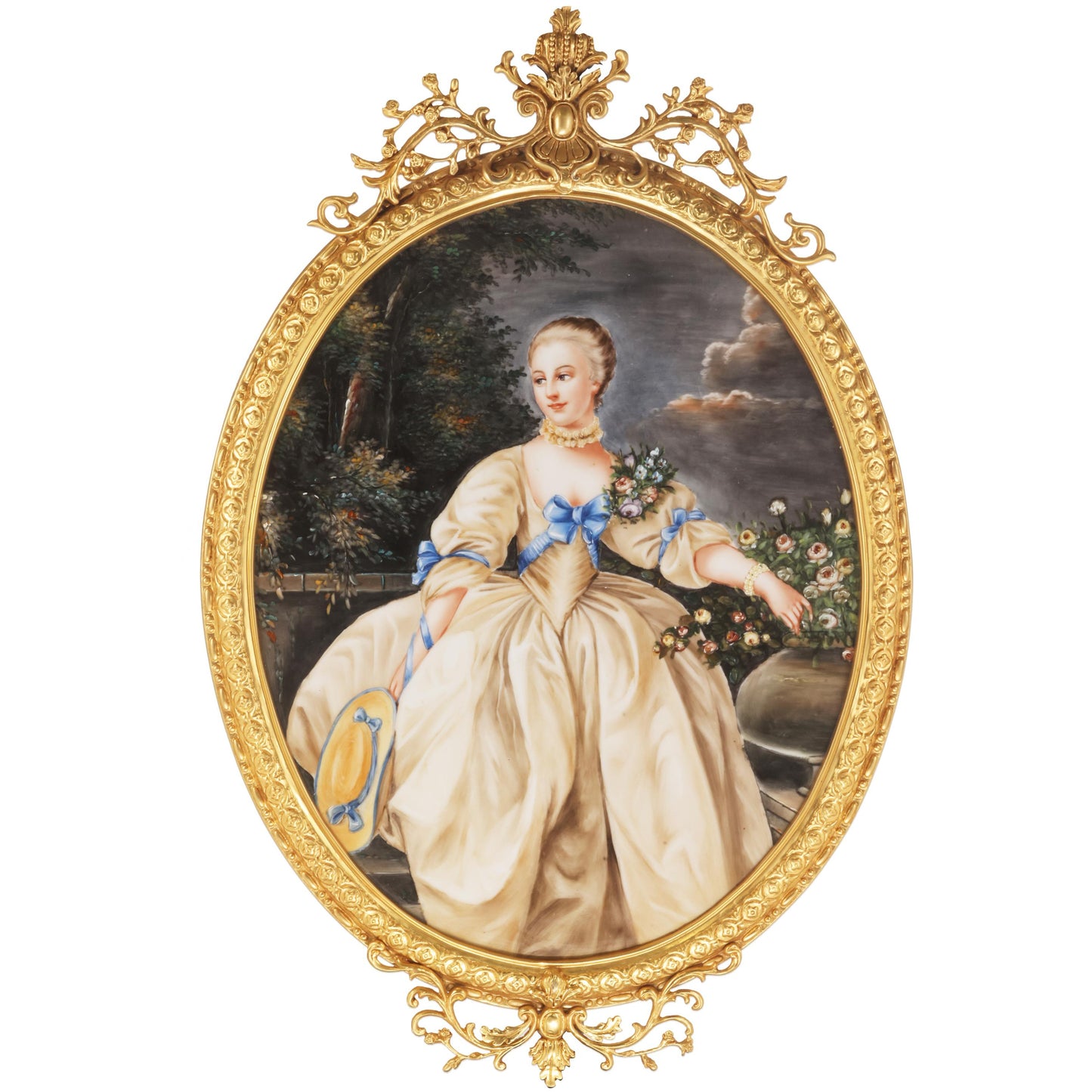 Lady In White Porcelain Painting In Bronze Frame