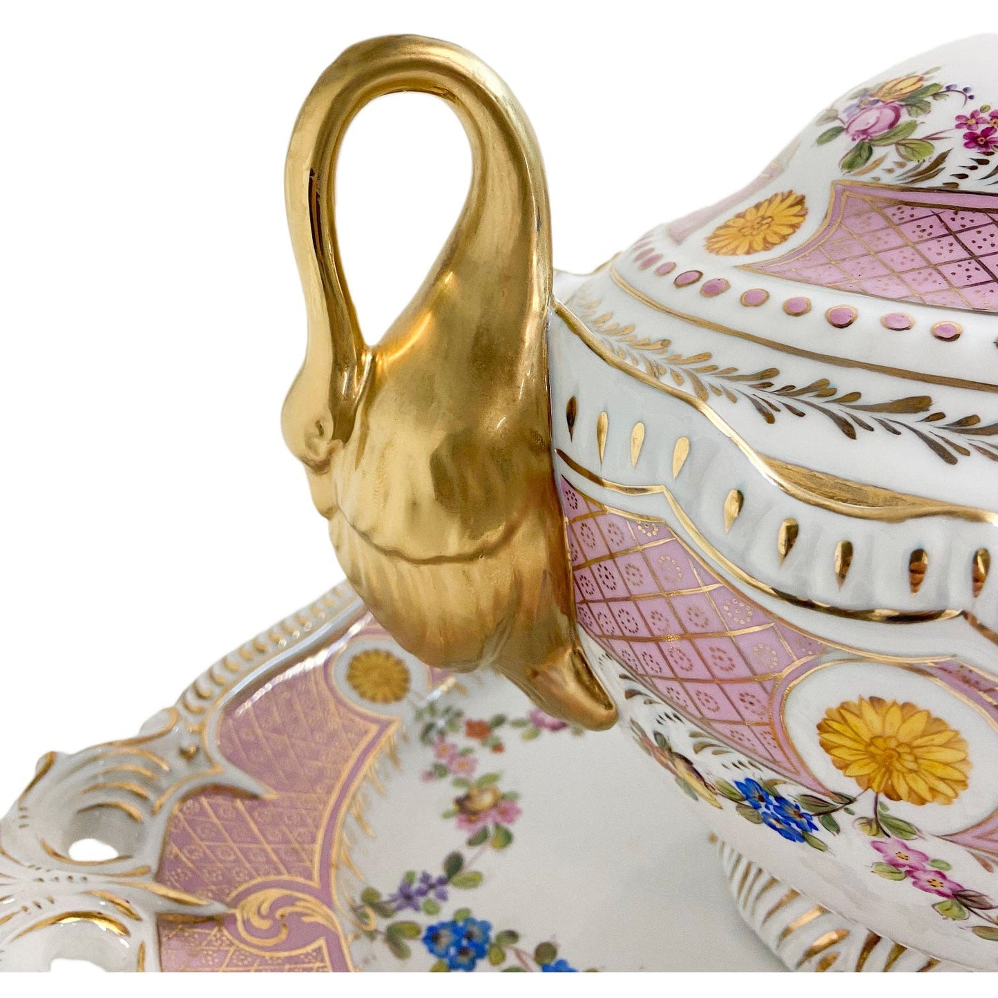 Pink Floral Tureen Set With Swan Handles