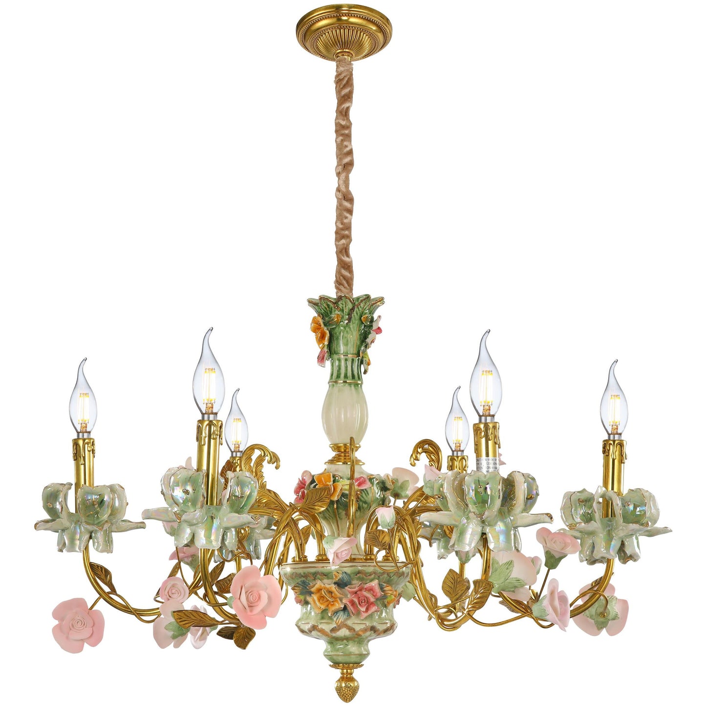 Porcelain and Brass Floral Chandelier