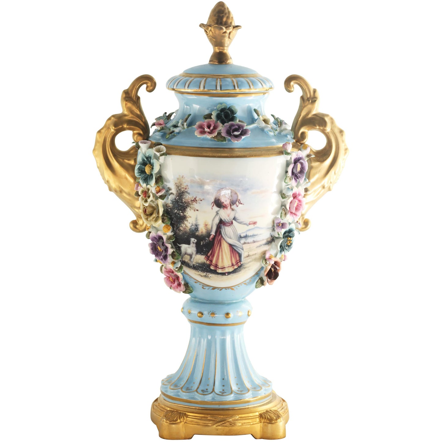 Light Blue Hand-painted Rococo Vase with Porcelain Flowers
