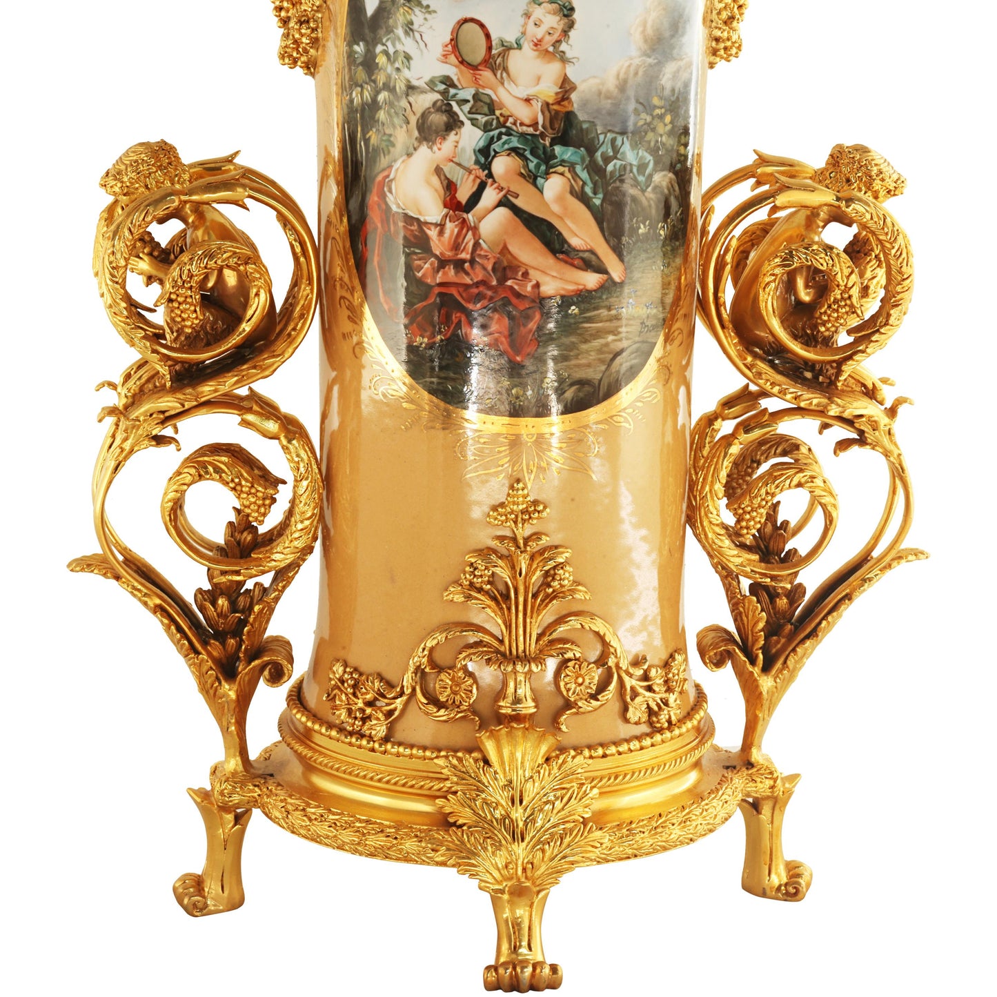 Tall Hand-painted Vase With Bronze Cherubs