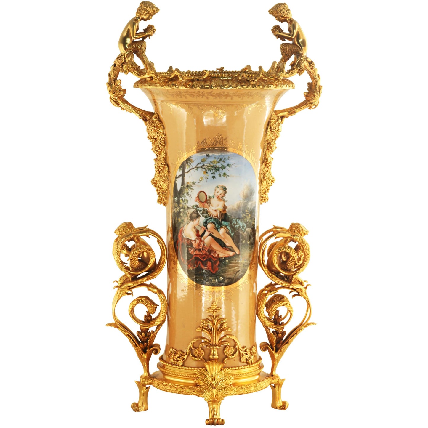Tall Hand-painted Vase With Bronze Cherubs