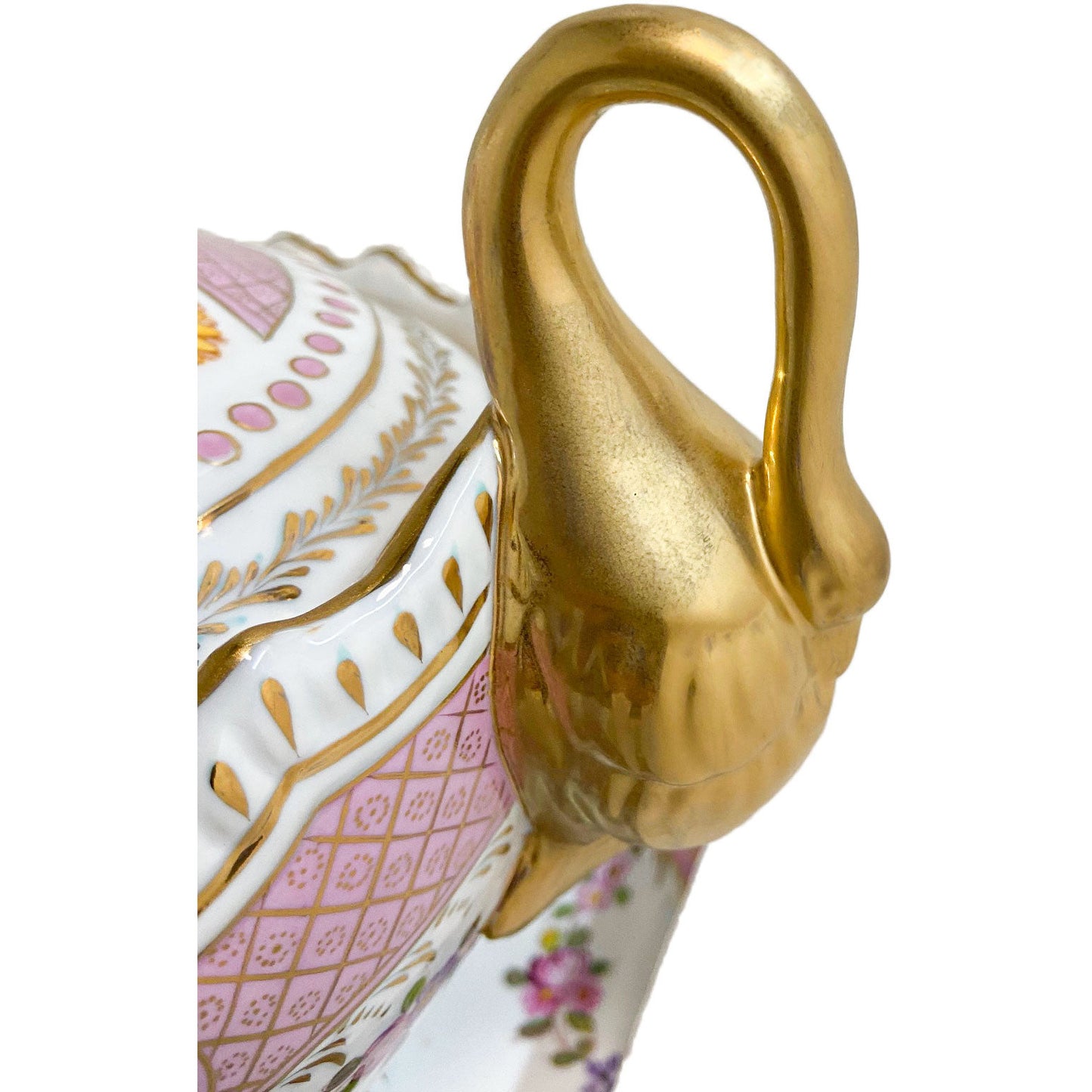 Pink Floral Tureen Set With Swan Handles