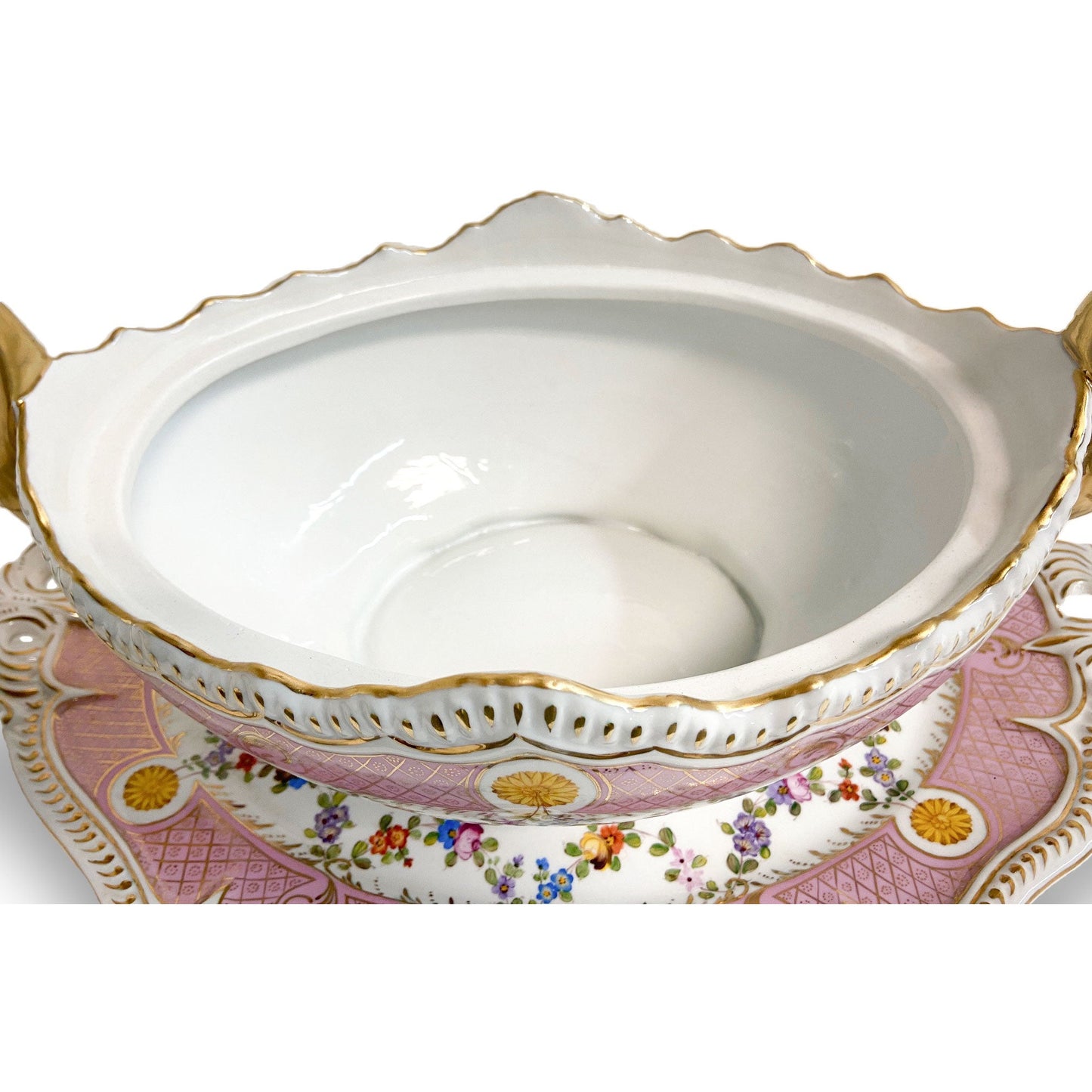 Pink Floral Tureen Set With Swan Handles