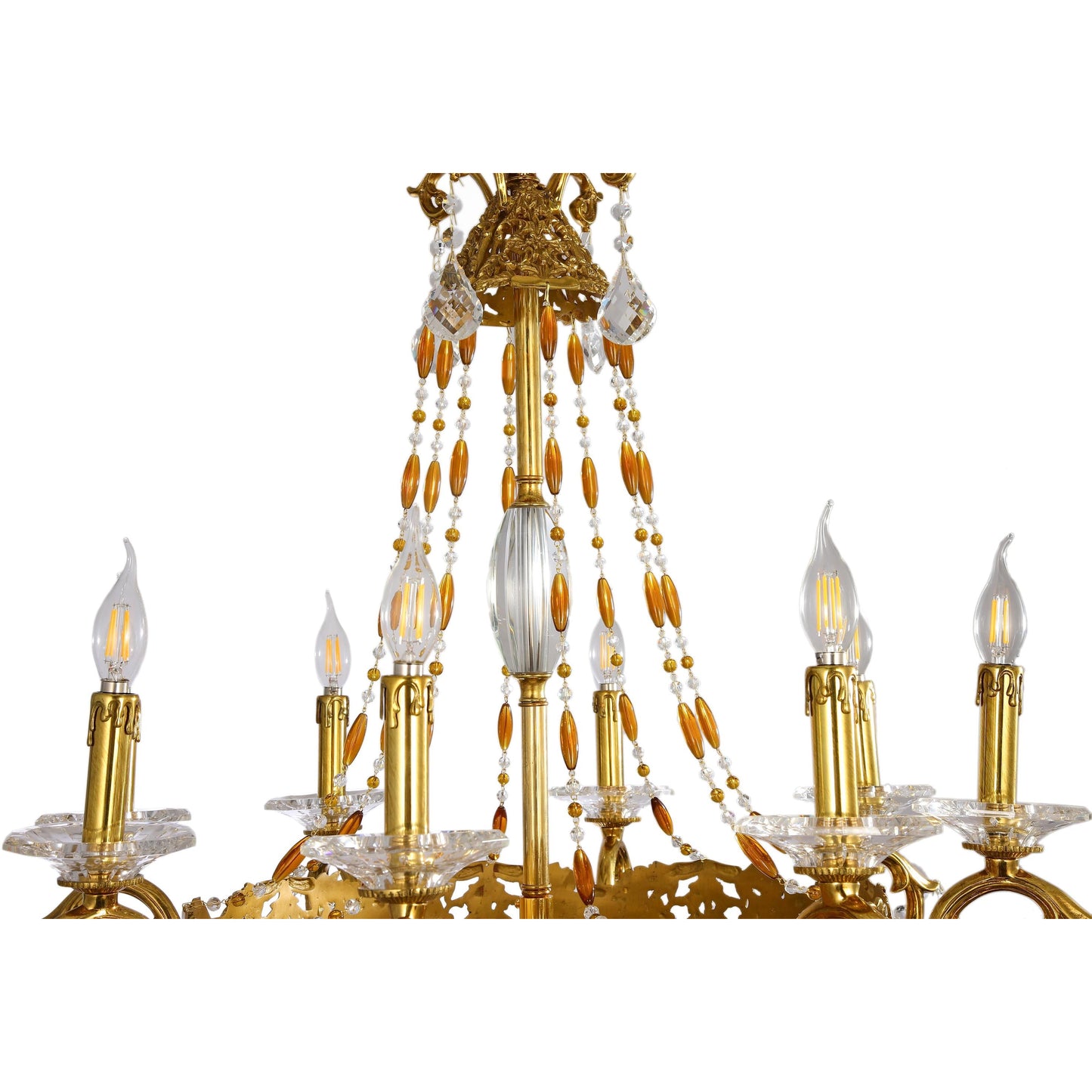 Eight Arm Chandelier with Large Crystal Prisms And Intricate Brass Patterns