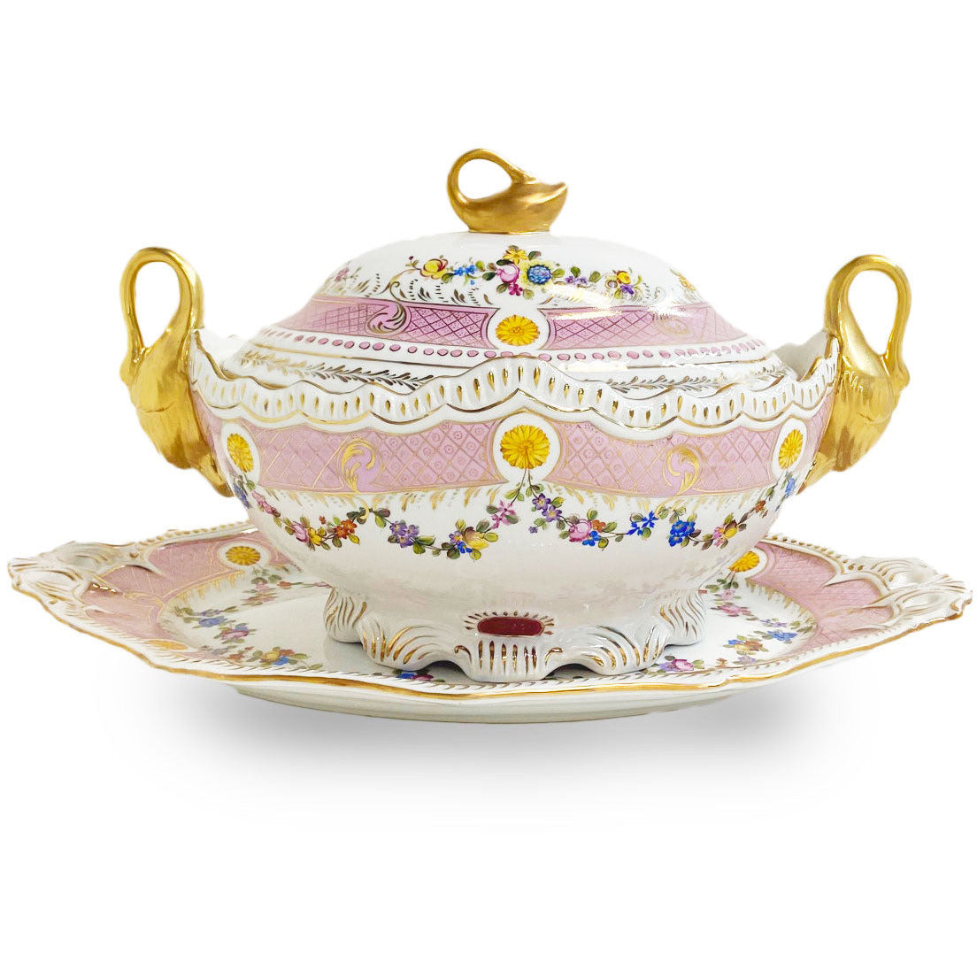 Pink Floral Tureen Set With Swan Handles