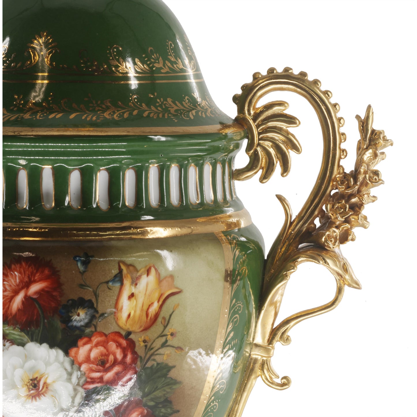 Vine Handle Floral Porcelain And Bronze Vase
