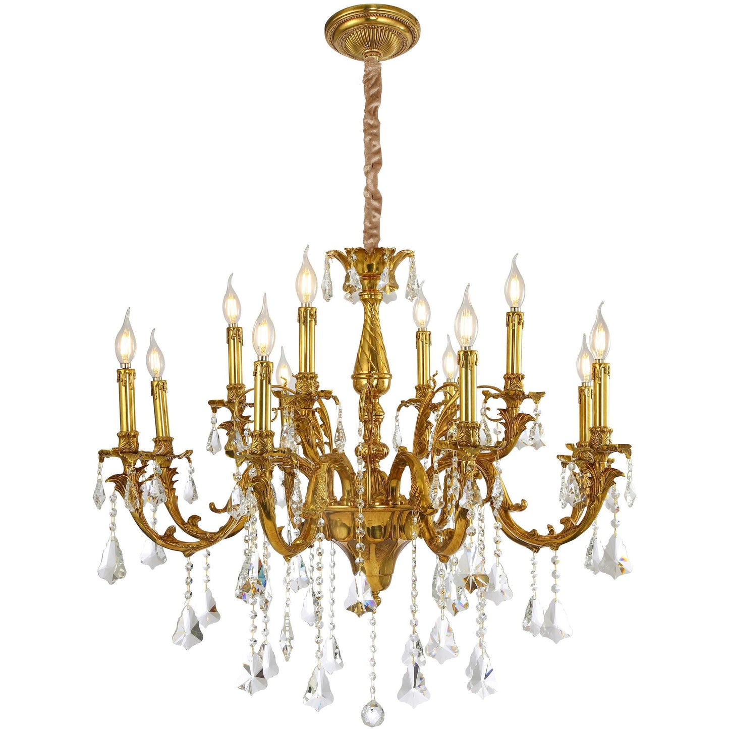 Twelve Candle Brass and Crystal Chandelier