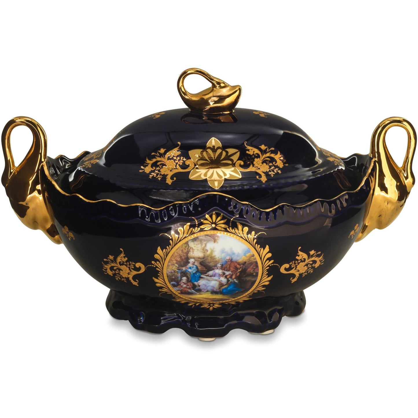 Blue Floral Tureen Set With Swan Handles