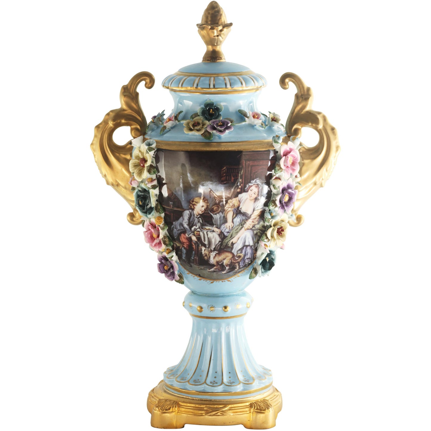 Light Blue Hand-painted Rococo Vase with Porcelain Flowers