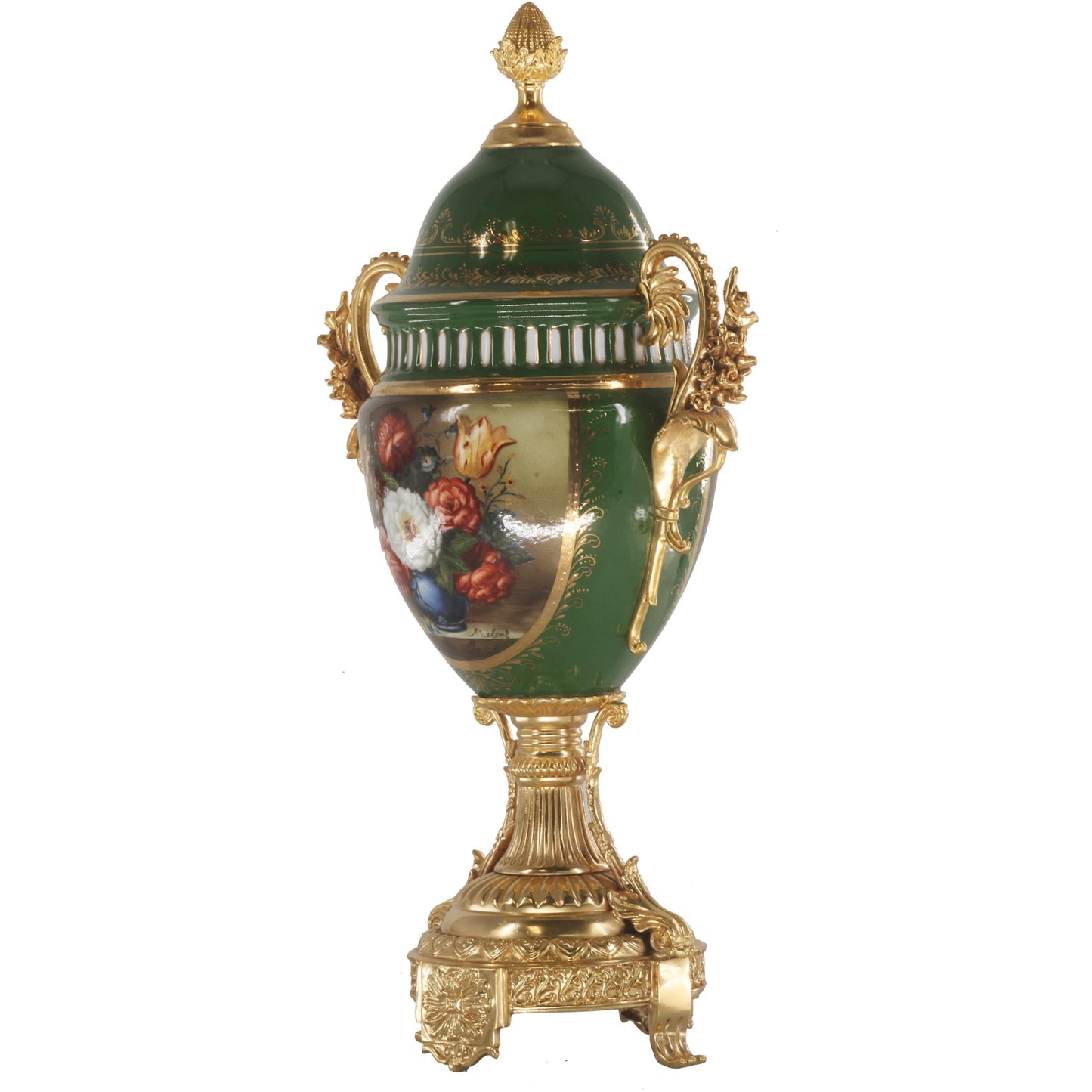 Vine Handle Floral Porcelain And Bronze Vase