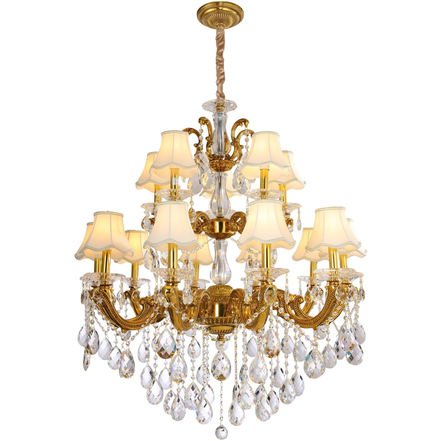 Three Tier Brass and Crystal Chandelier