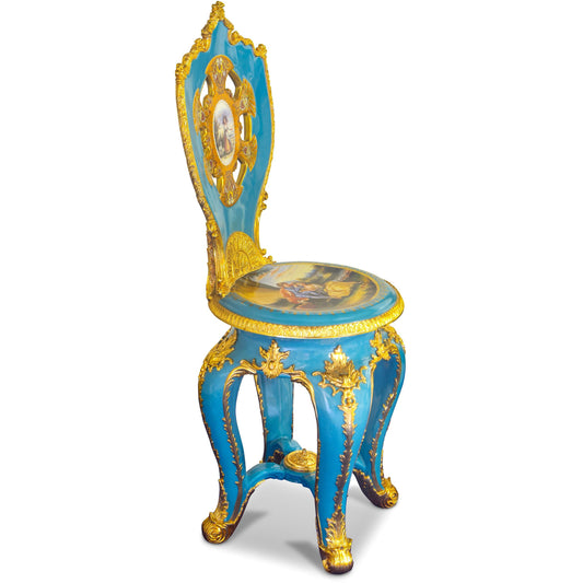 Impresionante silla de bronce y porcelana azul
