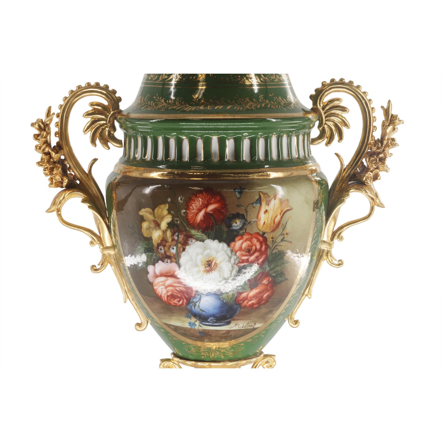 Vine Handle Floral Porcelain And Bronze Vase