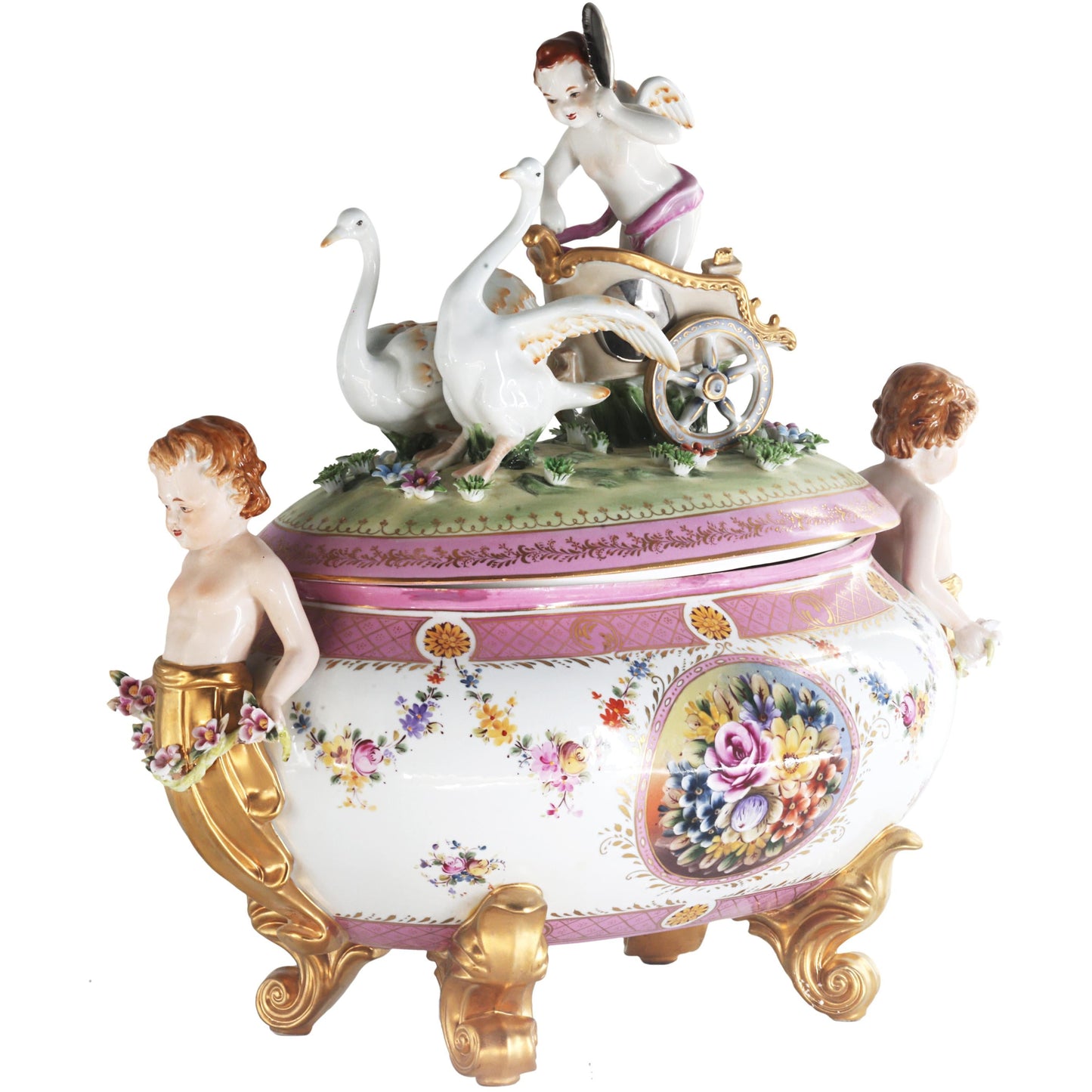 Exceptional Covered Porcelain Cherub Jar