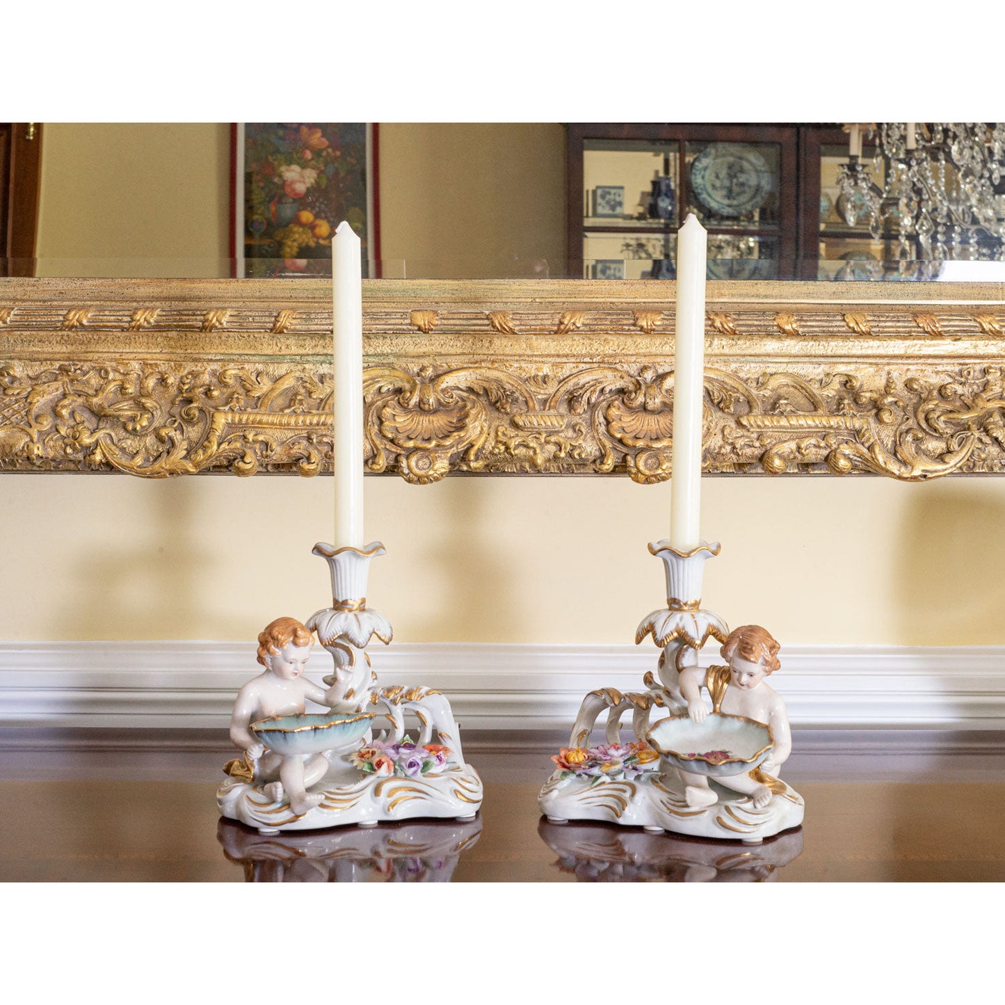 Pair of Hand-painted Cherub Candlestick Holders