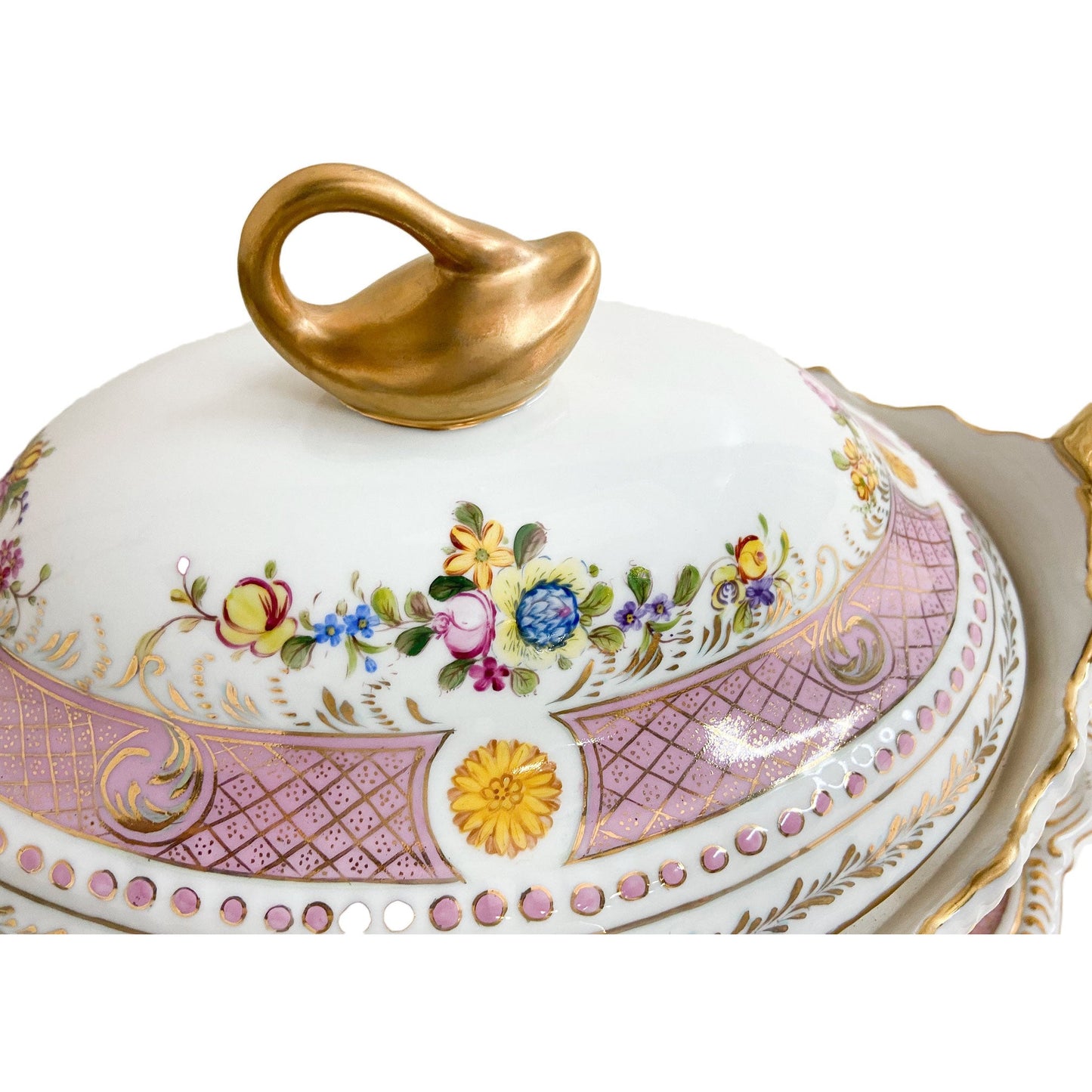 Pink Floral Tureen Set With Swan Handles