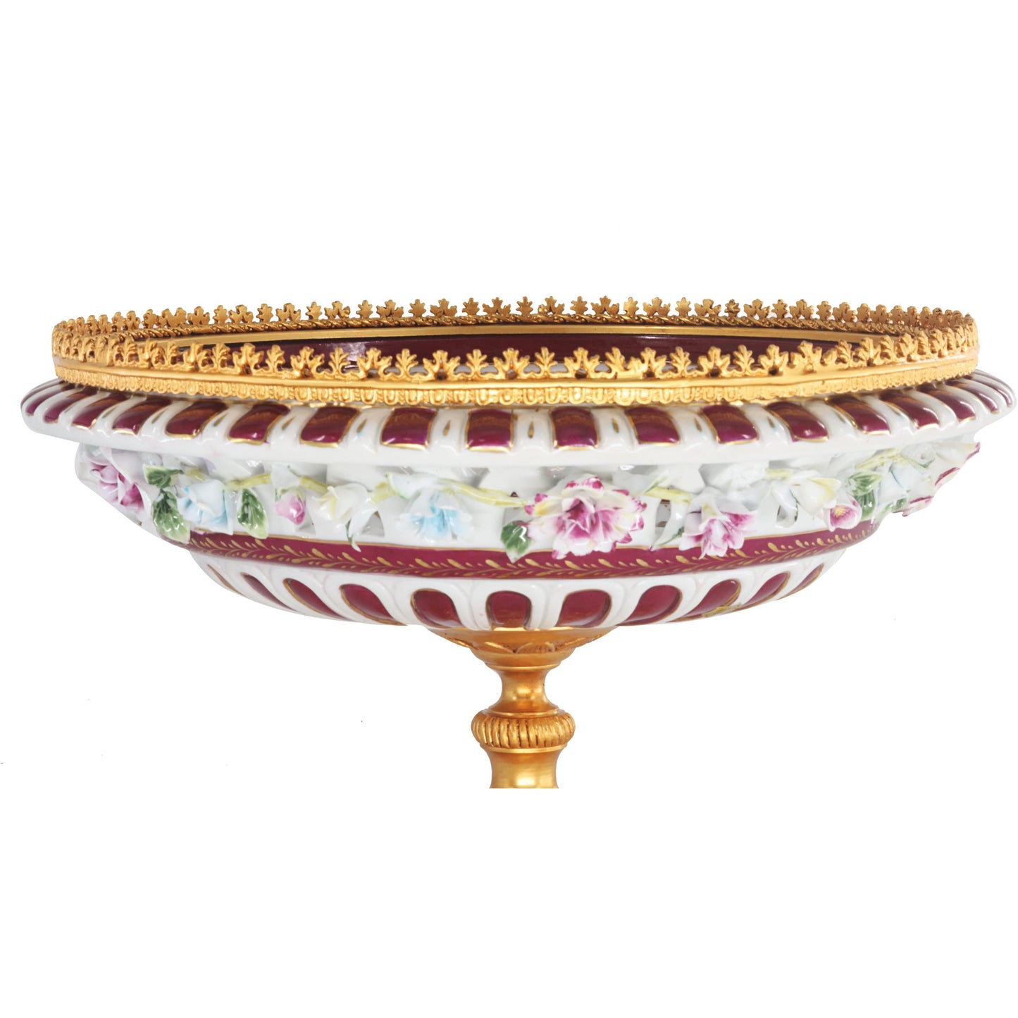Hand-painted Rococo-style Red Floral Bowl With Porcelain Flowers