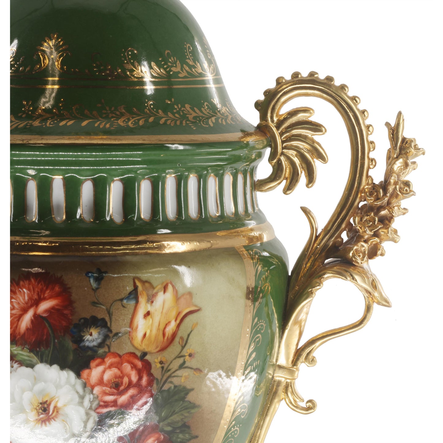 Vine Handle Floral Porcelain And Bronze Vase