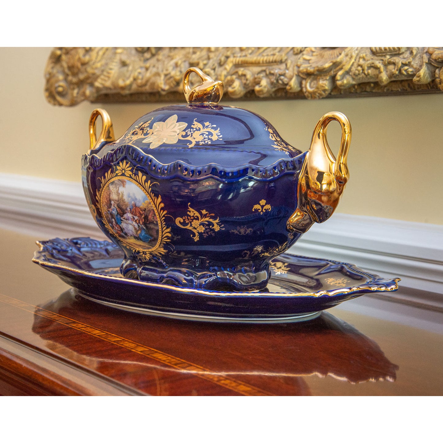 Blue Floral Tureen Set With Swan Handles