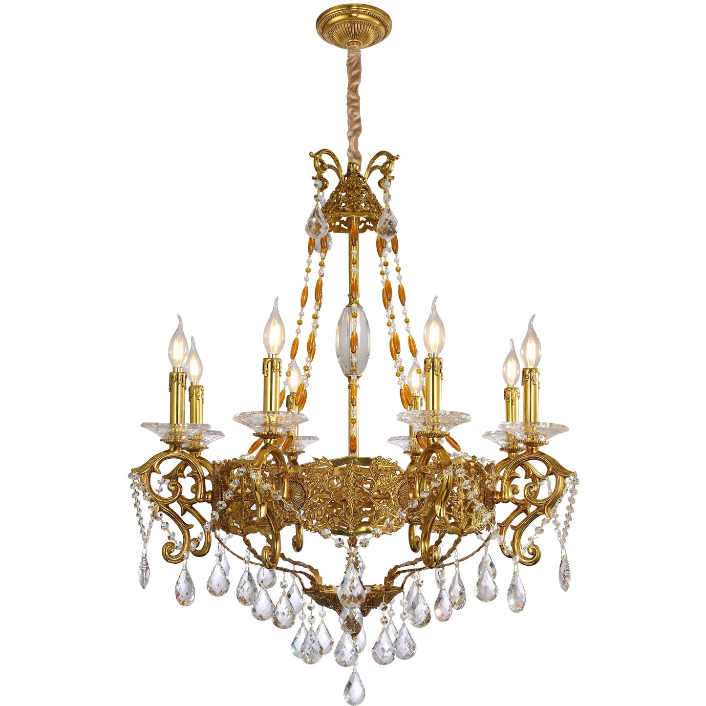 Eight Arm Chandelier with Large Crystal Prisms And Intricate Brass Patterns