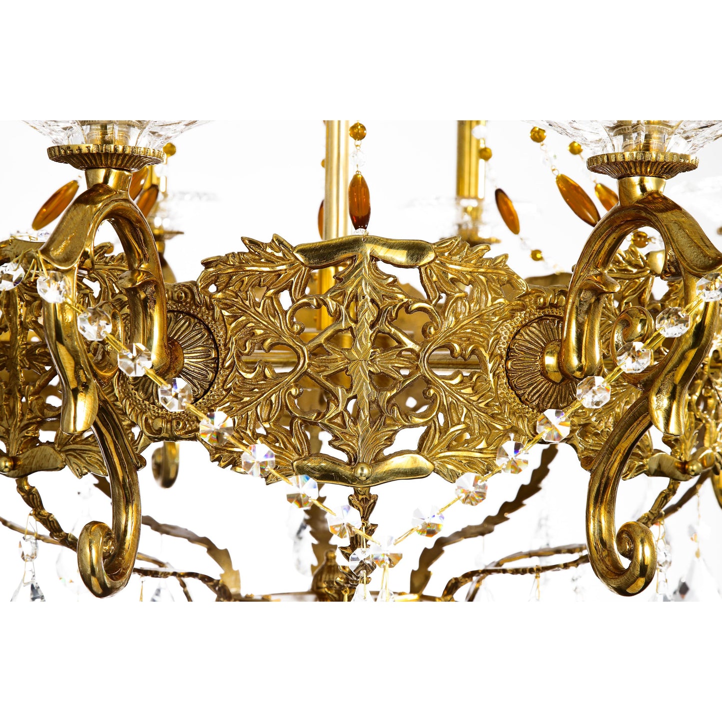 Eight Arm Chandelier with Large Crystal Prisms And Intricate Brass Patterns