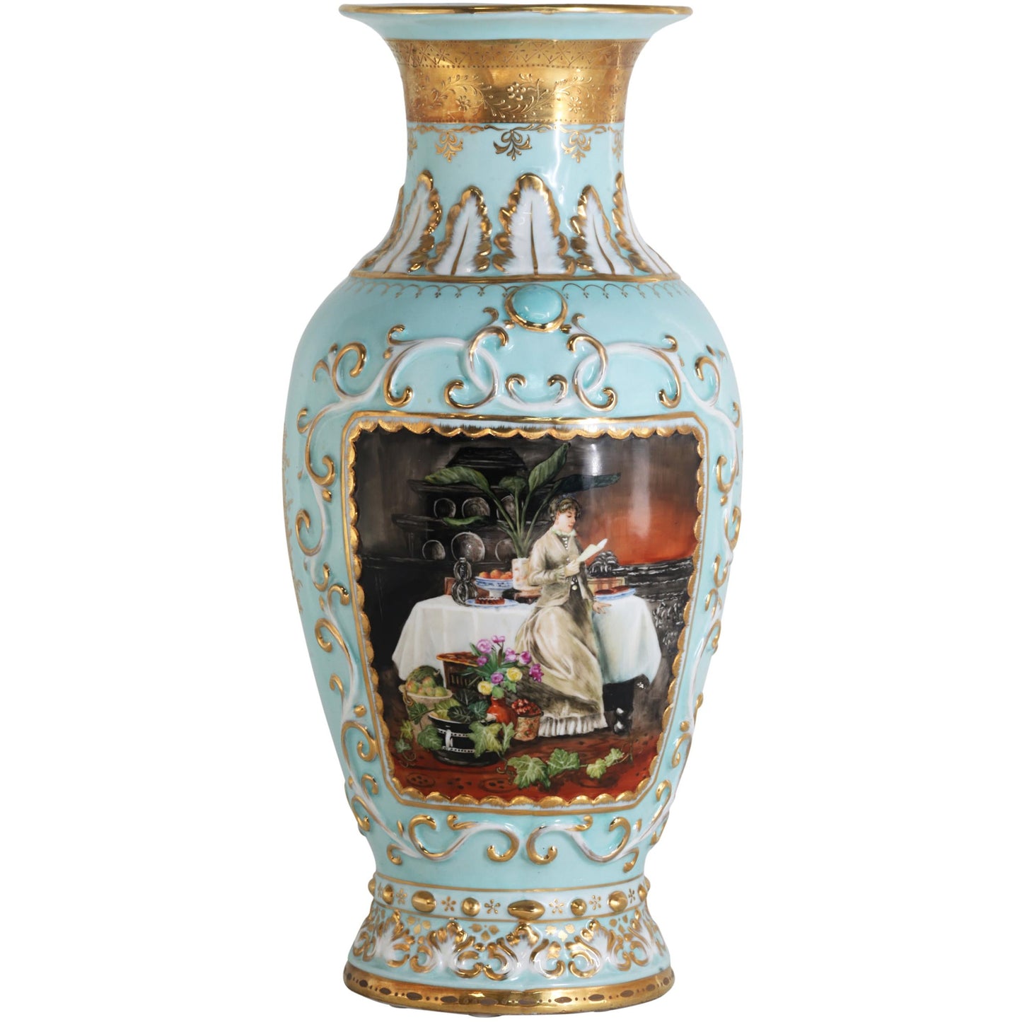 Hand-painted Motif Teal Rococo Porcelain Vase