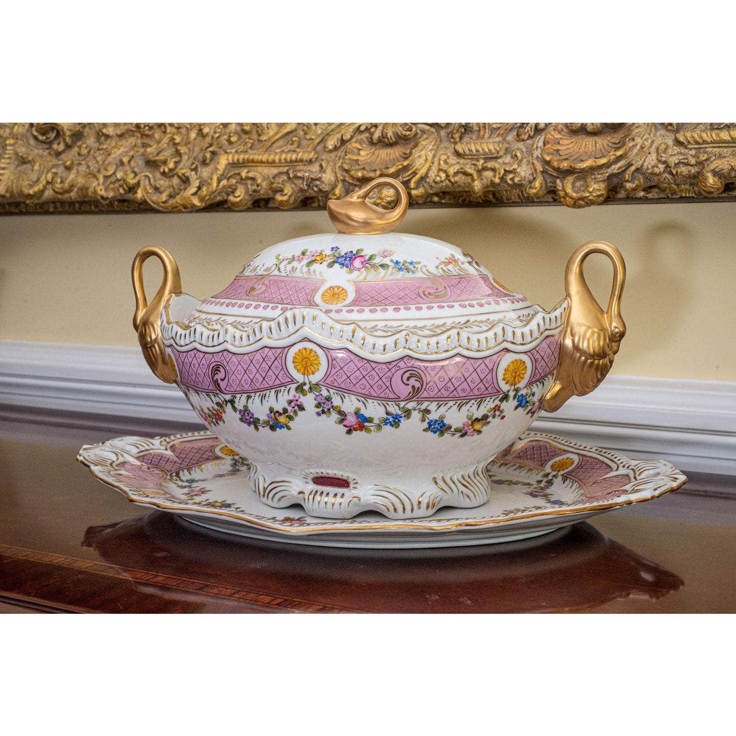 Pink Floral Tureen Set With Swan Handles