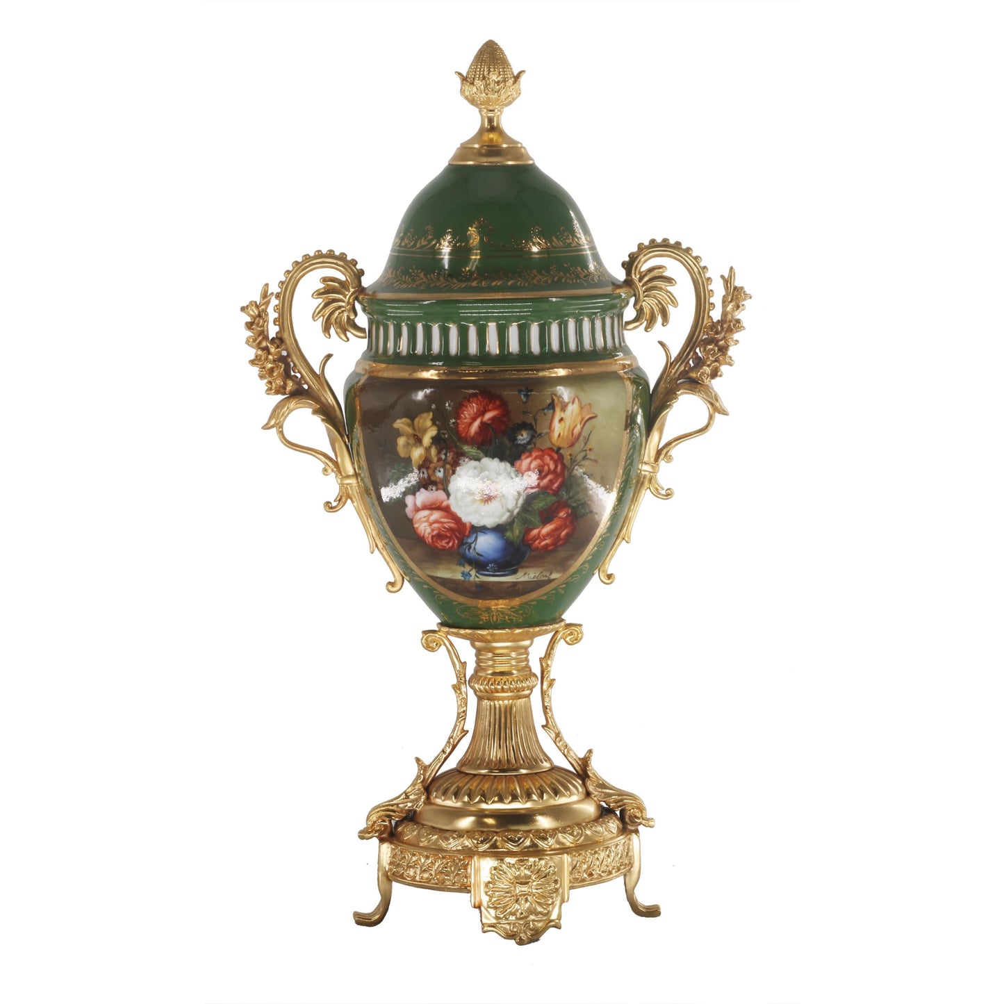 Vine Handle Floral Porcelain And Bronze Vase