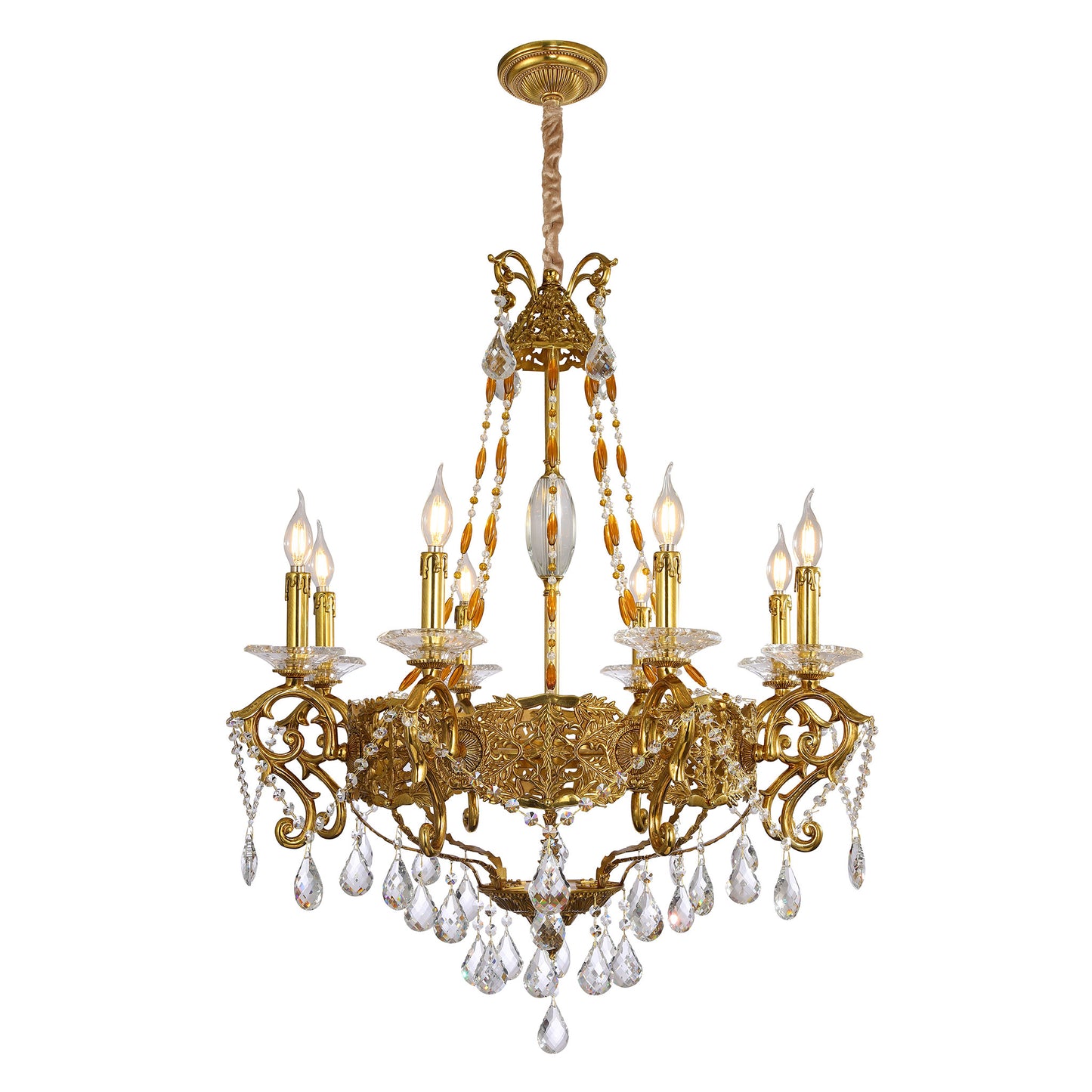 Eight Arm Chandelier with Large Crystal Prisms And Intricate Brass Patterns