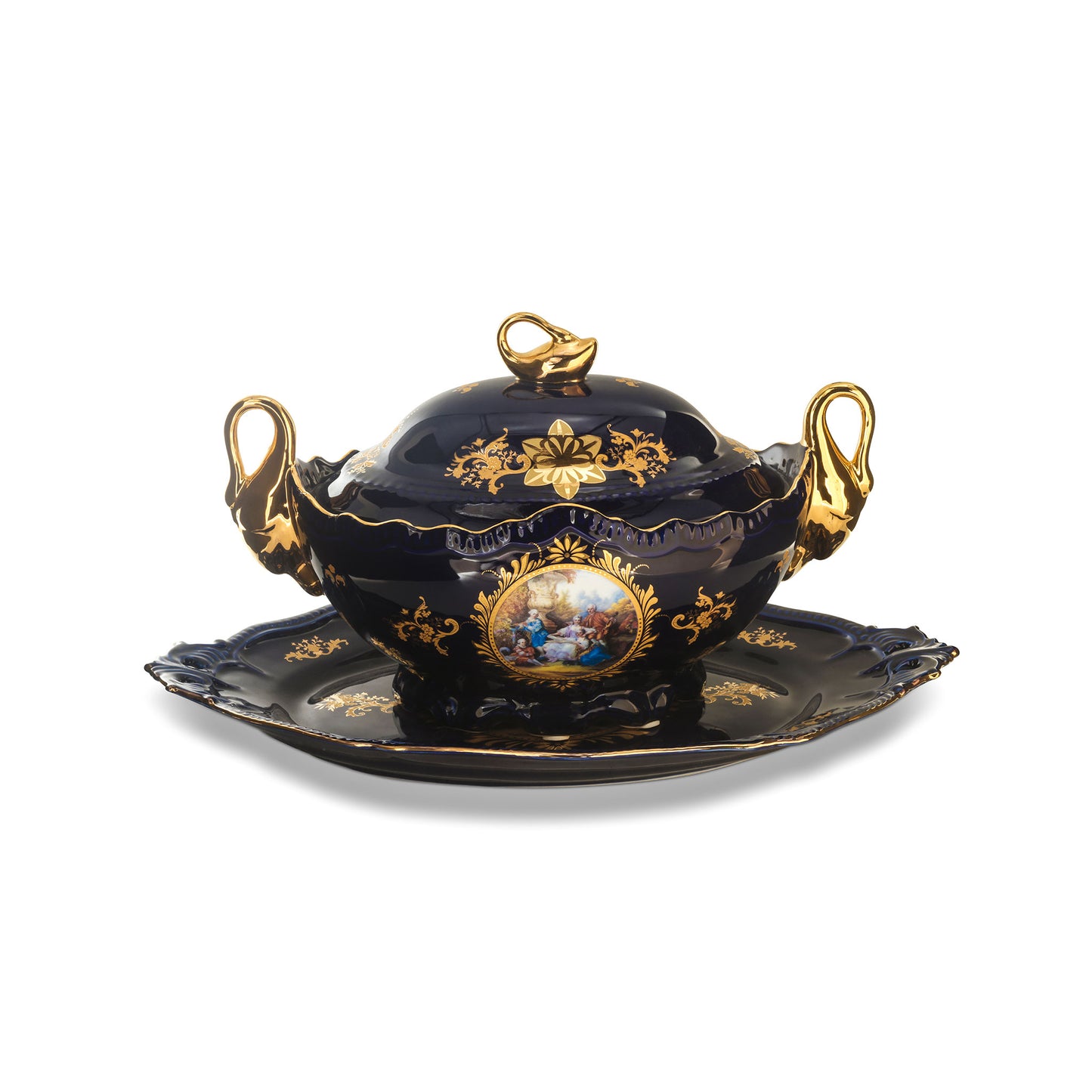 Blue Floral Tureen Set With Swan Handles